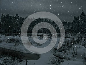 Dark winter snowy landscape with forest on the background