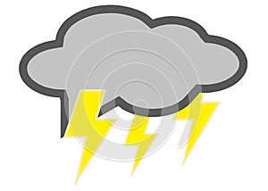 A dark greyish cloud with yellow lightning bolts sticking out from within white backdrop