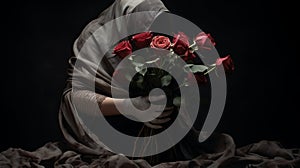 Dark And Gritty: A Cloaked Woman Holding Red Roses photo