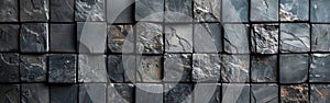 Dark Grunge Square Mosaic Cement Wall Texture - Wide Panoramic Background Banner in Anthracite Grey and Black