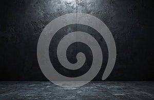 Dark grunge wall abstract background. Empty room with black textured concrete wall with gray tiled floor. Modern industrial