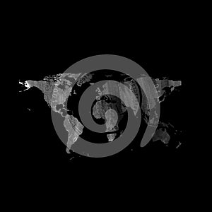 Dark grunge world map with round binary code elements abstract background