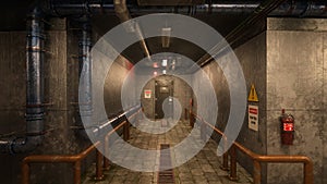 Dark grungy basement corridor in an industrial building with pipes along the wall. 3D rendering