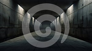 Dark grungy warehouse background, empty concrete underground garage with low light. Abstract scary room with gray walls. Concept