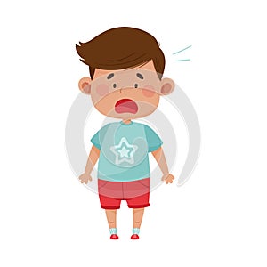 Dark Haired Boy Wearing Red Shorts Freezing Showing Scared Expression on His Face Vector Illustration