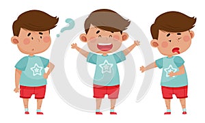 Dark Haired Boy Wearing Red Shorts Showing Different Emotions Vector Illustration