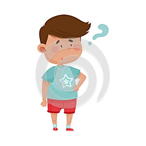 Dark Haired Boy Wearing Red Shorts Showing Puzzled Expression on His Face Vector Illustration