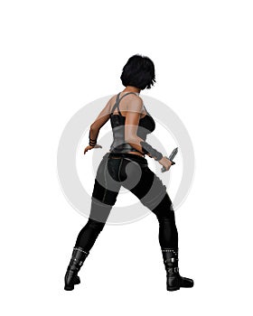 Dark haired fantasy assassin woman dressed in black and standing with knife in hand facing away. 3D rendering isolated on white