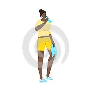 Fitness girl drinking water from the bottle after sport exercises. Vector illustration in cartoon style.