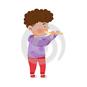Dark Haired Little Boy Playing Flute Vector Illustration