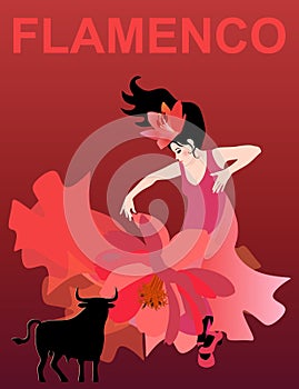 Dark-haired Spanish woman dressed in a red dress dancing flamenco on a red background. Black bull as unofficial symbol of Spain.