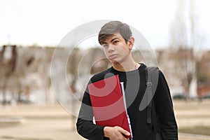 Dark-haired teenager walks towards the school with a serious and worried gesture