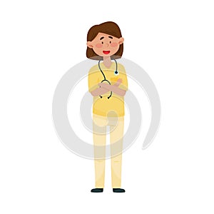 Dark-haired Woman Doctor with Stethoscope and in Medical Uniform Folding Her Arms on the Chest Vector Illustration