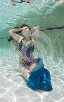 A dark haired women model in various outfits underwater