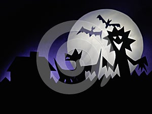 Dark Halloween background with scary creatures, Dragon, bats, funny monster, full moon