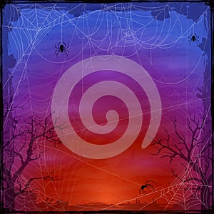 Dark Halloween Background with Spiders and Webs