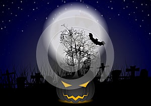 Dark Halloween pumpkin monster on night cemetery