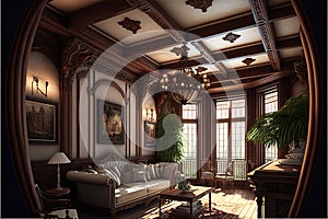 Dark hallway in victorian mansion interior with sofa and wooden table and pictures on the wall