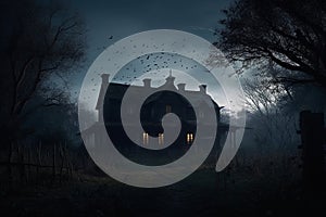 Dark haunted house under the full moon with bats and scary atmosphere, eerie and foreboding atmosphere, and would be perfect for