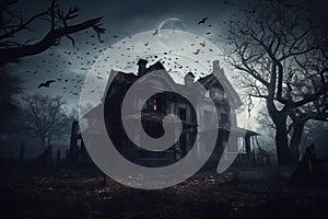 Dark haunted house under the full moon with bats and scary atmosphere, eerie and foreboding atmosphere, and would be perfect for