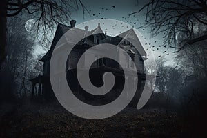 Dark haunted house under the full moon with bats and scary atmosphere, eerie and foreboding atmosphere, and would be perfect for