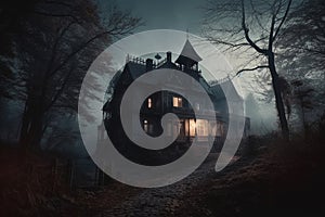 Dark haunted house under the full moon with bats and scary atmosphere, eerie and foreboding atmosphere, and would be perfect for