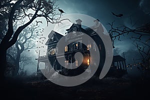 Dark haunted house under the full moon with bats and scary atmosphere, eerie and foreboding atmosphere, and would be perfect for