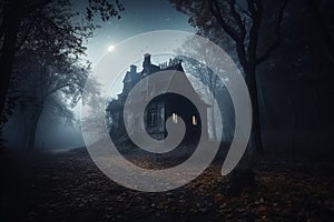 Dark haunted house under the full moon with bats and scary atmosphere, eerie and foreboding atmosphere, and would be perfect for