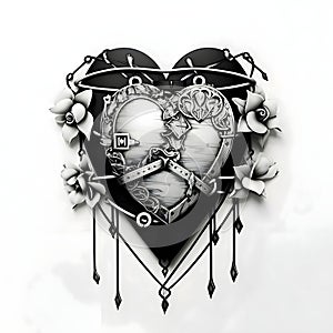 Dark heart in the form of a shield with ornaments, flowers on a white isolated background. Heart as aol of affection and love