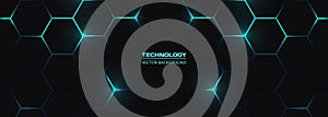 Dark hexagon abstract technology background with blue colored bright flashes