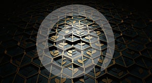 Dark Hexagonal Pattern with Golden Leaf Motifs and Dramatic Lighting