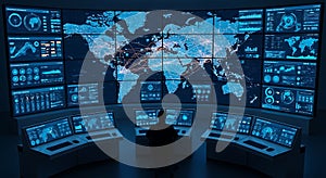 Futuristic command center with global map displayed on multiple screens showing data and analytics