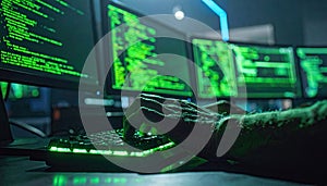 Hacker at Work in a Neon Green Server Room