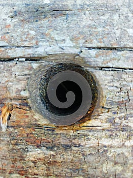 A dark hole in an old pine Board