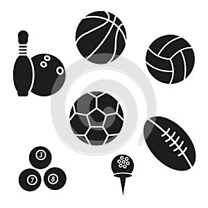 Dark hollow balls for various sporting events. Vector flat illustration. A set of various projectiles for sports games