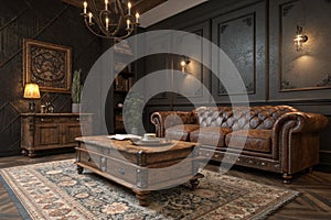 Dark home interior with retro furniture 3D render photo