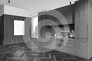 Dark home kitchen interior with cabinet and shelves near window. Mockup frame