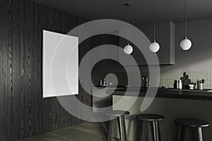 Dark home kitchen interior with countertop and bar stool. Mockup poster