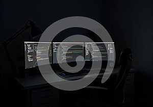 Dark home office setup with three computer monitors displaying programming code
