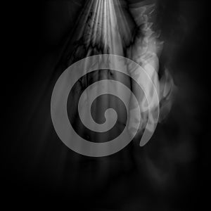 Dark horror foggy background with old grunge mist silhouette and light rays, ghost shape design