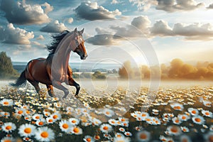 Dark horse in a summer landscape gallops through a chamomile field against a background of blue sky