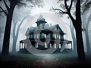 dark house with a scary halloween scene in a forest, 3d illustration, Ai Generated