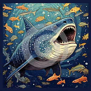 Dark Humor Illustration: Bull Shark Underwater With Fish