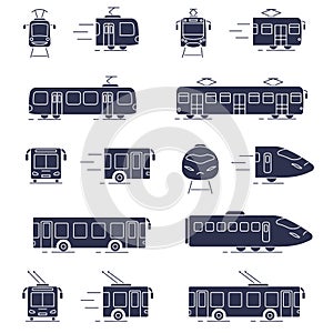 Dark icons of public transport. Public transport. Vector illustration of public transport