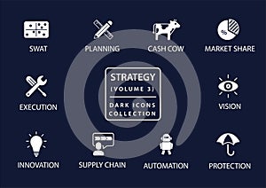 Business strategy vector icon set in flat design and dark mode