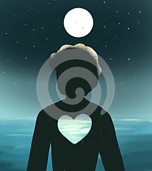Dark illustration of the silhouette of a person with a broken heart on the background of the moon and night. Separation,