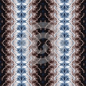 Dark indigo blue white bandanna style tye dye print pattern. Seamless ethnic silk home decor design with masculine