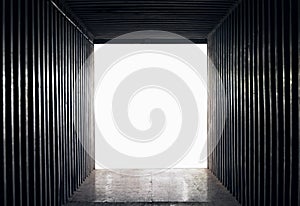 Dark inside empty container shipping abstract background. Copy space