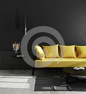 Dark interior of living room with black wall and bright yellow sofa, modern luxury living room interior background, living room