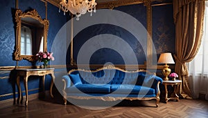 dark interior room with baroque wallpaper